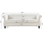 Canapé Chesterfield 3 places en similicuir noir/marron/blanc/orange avec accoudoirs roulés, capitonnage et clous décoratifs