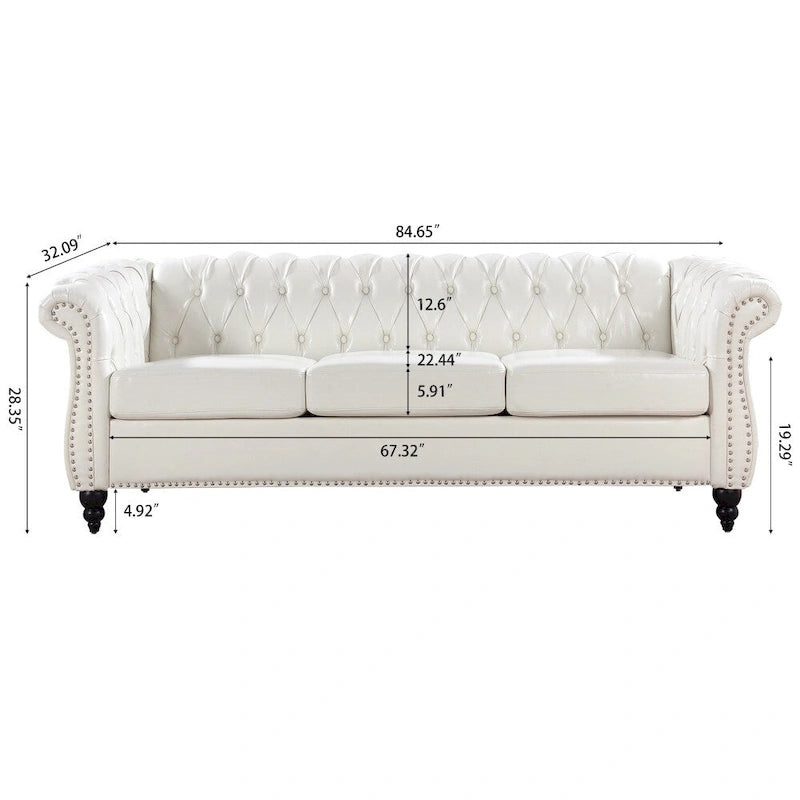 Canapé Chesterfield 3 places en similicuir noir/marron/blanc/orange avec accoudoirs roulés, capitonnage et clous décoratifs