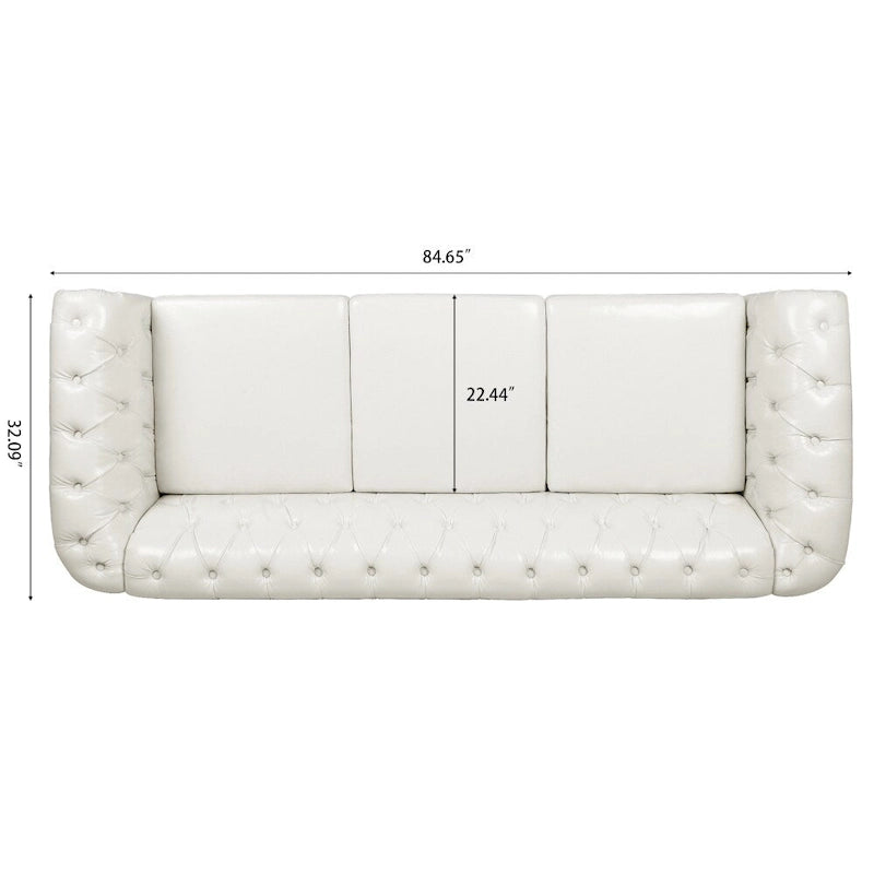 Canapé Chesterfield 3 places en similicuir noir/marron/blanc/orange avec accoudoirs roulés, capitonnage et clous décoratifs