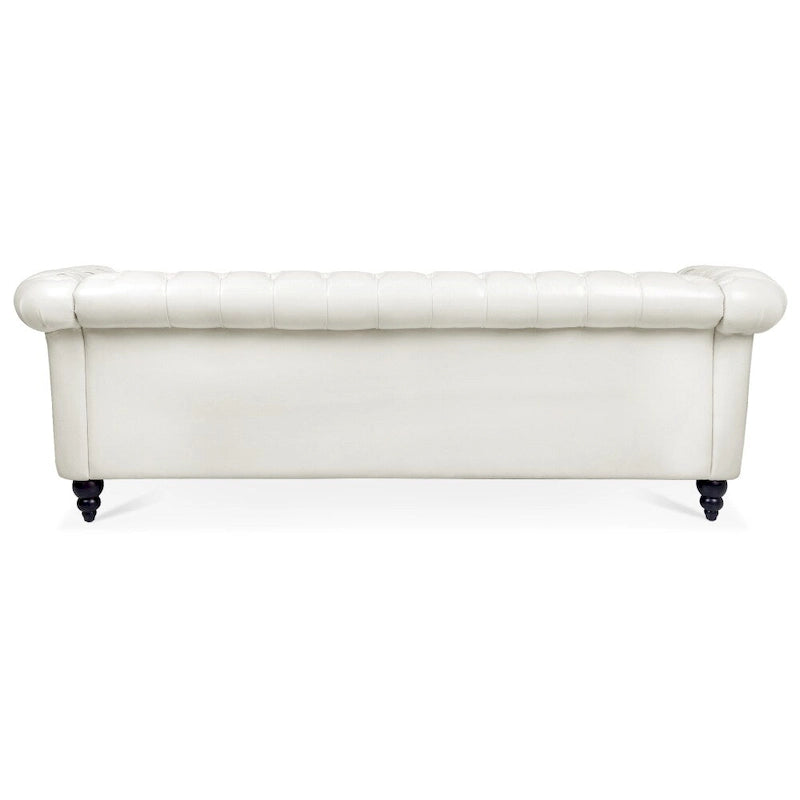 Canapé Chesterfield 3 places en similicuir noir/marron/blanc/orange avec accoudoirs roulés, capitonnage et clous décoratifs