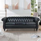 Canapé Chesterfield 3 places en similicuir noir/marron/blanc/orange avec accoudoirs roulés, capitonnage et clous décoratifs