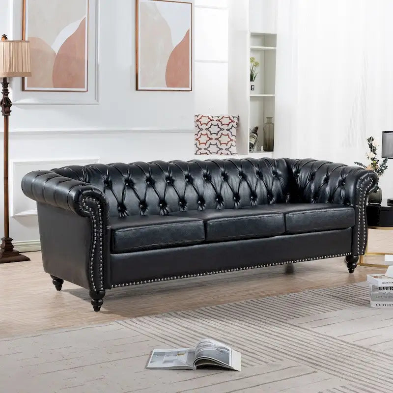 Canapé Chesterfield 3 places en similicuir noir/marron/blanc/orange avec accoudoirs roulés, capitonnage et clous décoratifs
