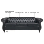 Canapé Chesterfield 3 places en similicuir noir/marron/blanc/orange avec accoudoirs roulés, capitonnage et clous décoratifs