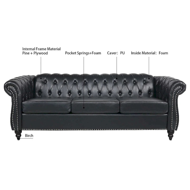 Canapé Chesterfield 3 places en similicuir noir/marron/blanc/orange avec accoudoirs roulés, capitonnage et clous décoratifs