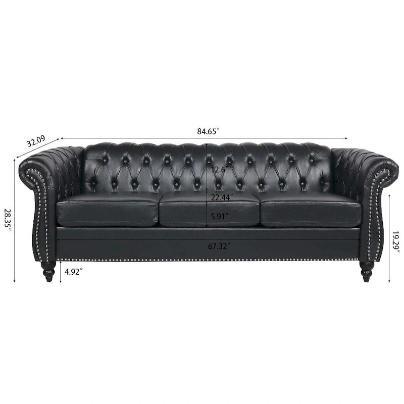 Canapé Chesterfield 3 places en similicuir noir/marron/blanc/orange avec accoudoirs roulés, capitonnage et clous décoratifs