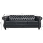 Canapé Chesterfield 3 places en similicuir noir/marron/blanc/orange avec accoudoirs roulés, capitonnage et clous décoratifs