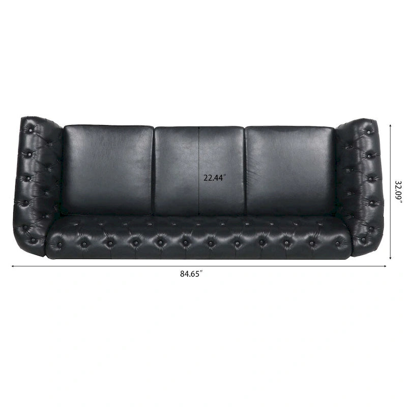 Canapé Chesterfield 3 places en similicuir noir/marron/blanc/orange avec accoudoirs roulés, capitonnage et clous décoratifs