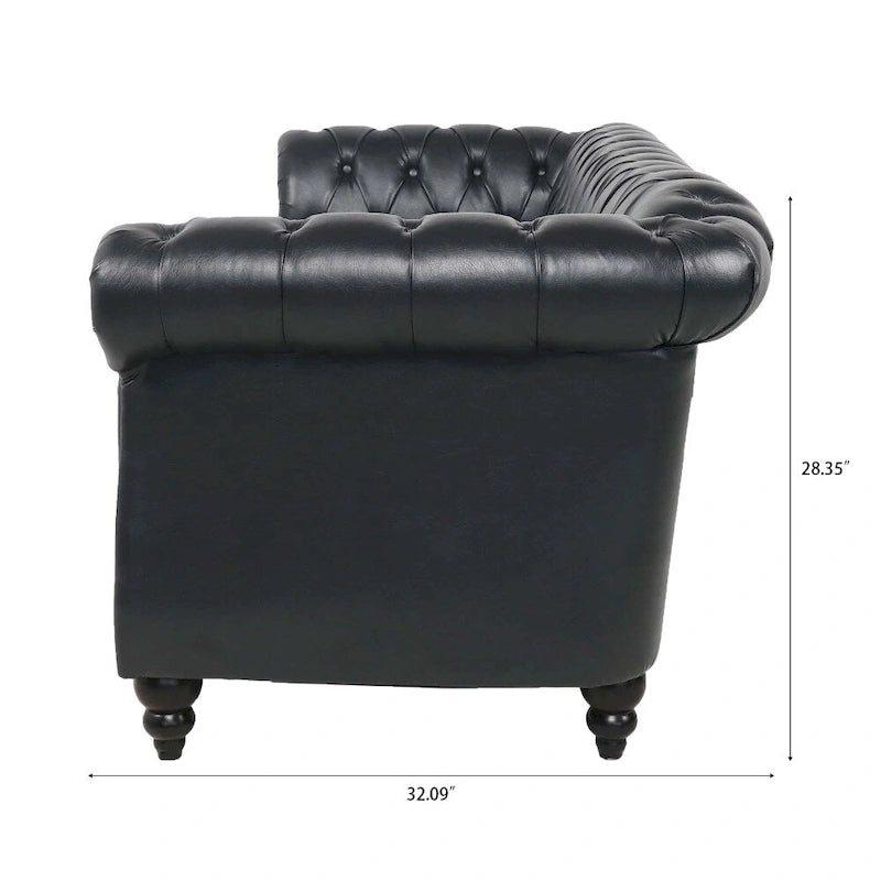 Canapé Chesterfield 3 places en similicuir noir/marron/blanc/orange avec accoudoirs roulés, capitonnage et clous décoratifs
