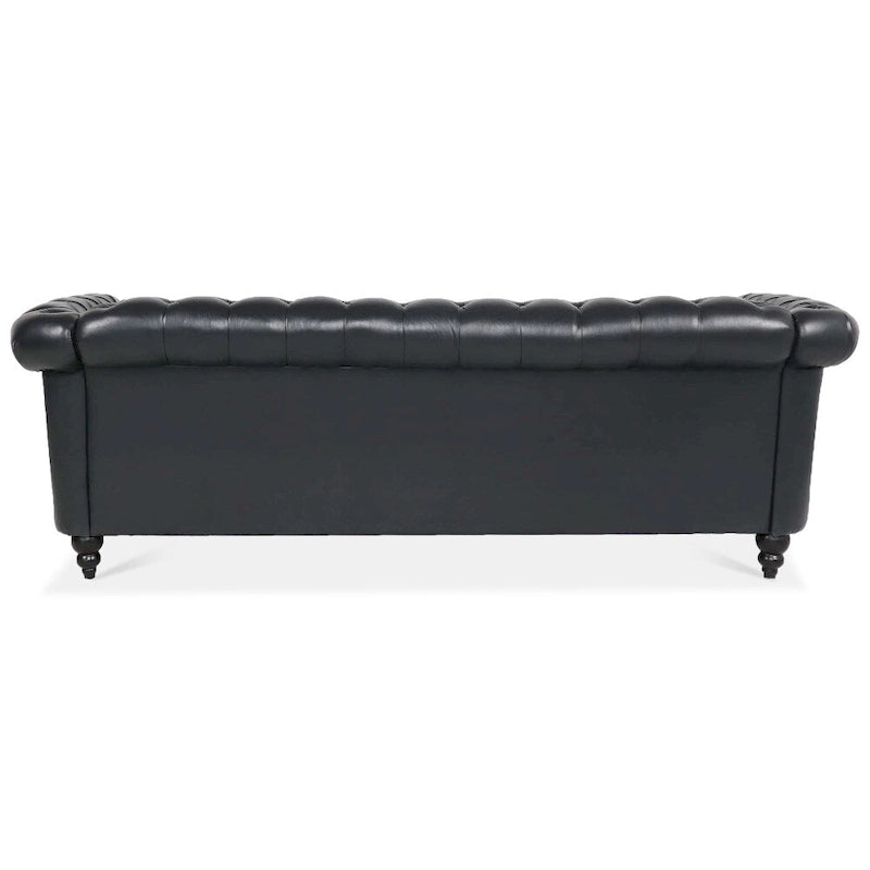 Canapé Chesterfield 3 places en similicuir noir/marron/blanc/orange avec accoudoirs roulés, capitonnage et clous décoratifs