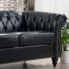 Canapé Chesterfield 3 places en similicuir noir/marron/blanc/orange avec accoudoirs roulés, capitonnage et clous décoratifs