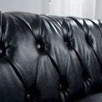 Canapé Chesterfield 3 places en similicuir noir/marron/blanc/orange avec accoudoirs roulés, capitonnage et clous décoratifs