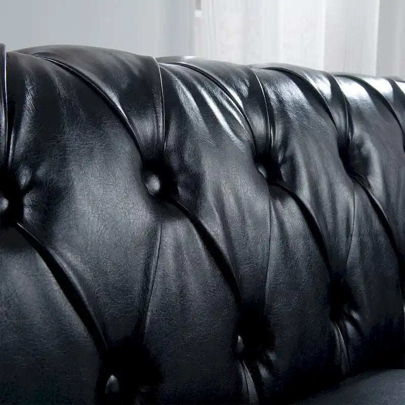 Canapé Chesterfield 3 places en similicuir noir/marron/blanc/orange avec accoudoirs roulés, capitonnage et clous décoratifs