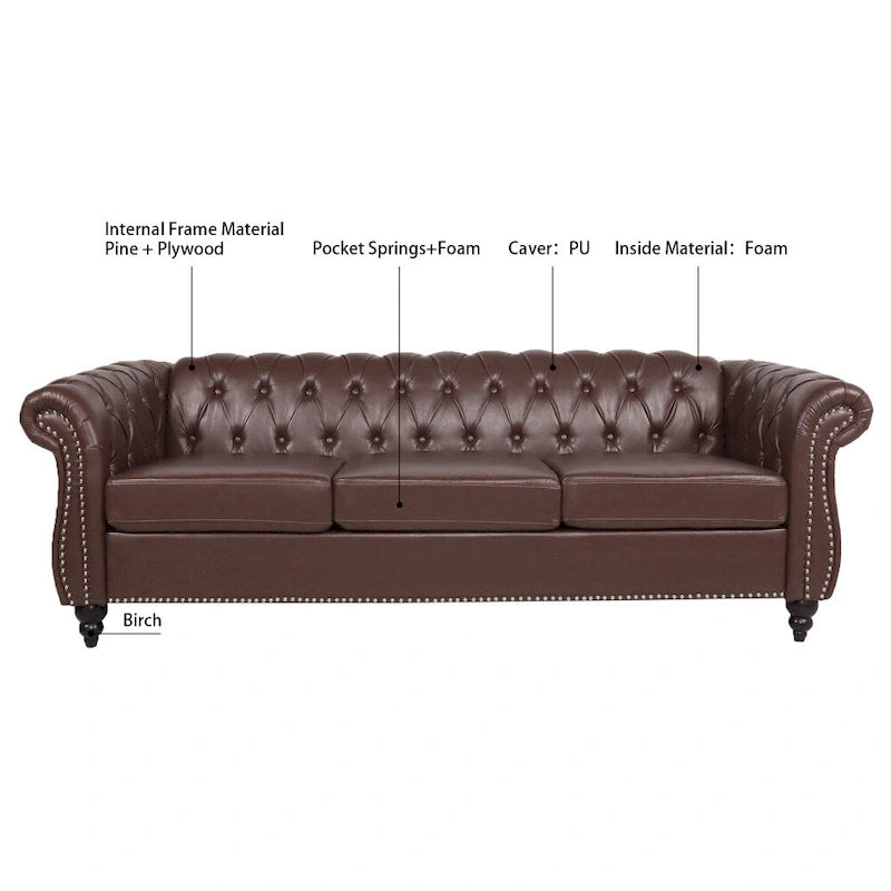 Canapé Chesterfield 3 places en similicuir noir/marron/blanc/orange avec accoudoirs roulés, capitonnage et clous décoratifs