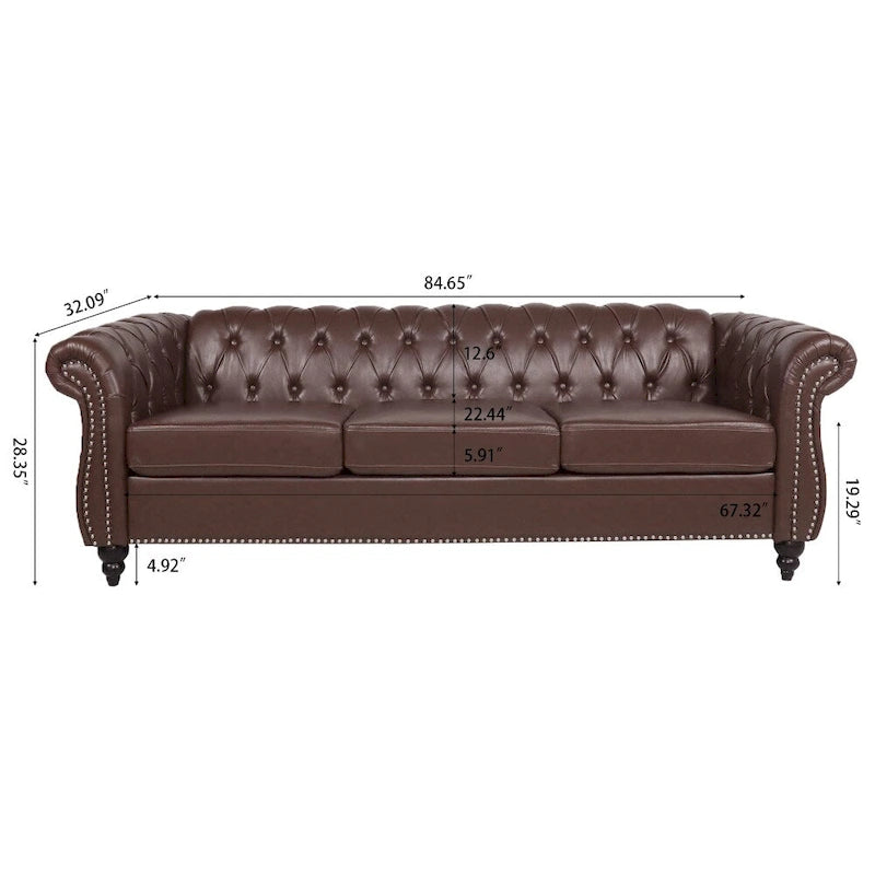 Canapé Chesterfield 3 places en similicuir noir/marron/blanc/orange avec accoudoirs roulés, capitonnage et clous décoratifs