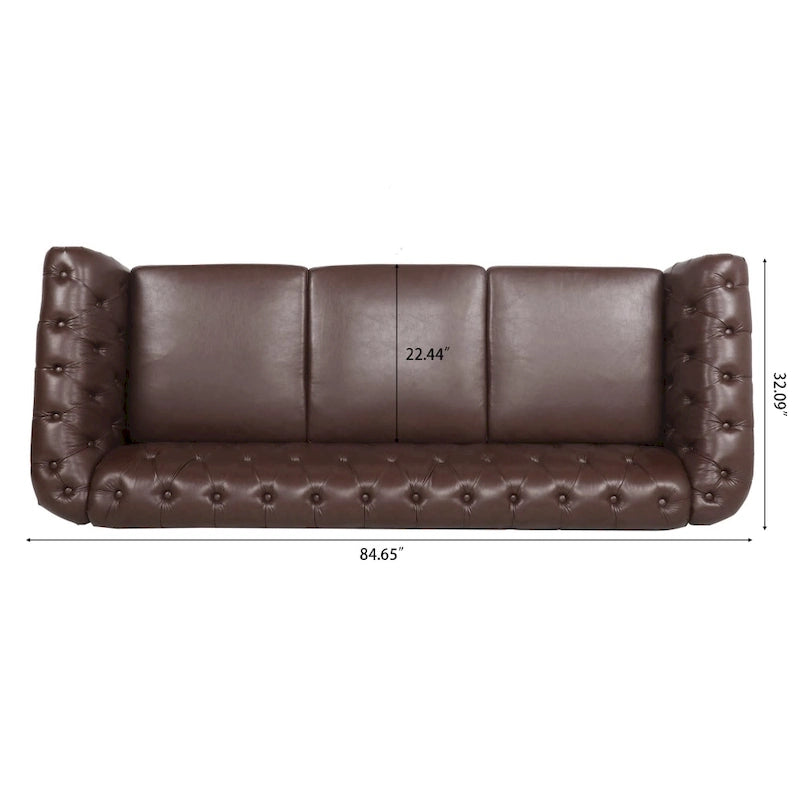 Canapé Chesterfield 3 places en similicuir noir/marron/blanc/orange avec accoudoirs roulés, capitonnage et clous décoratifs