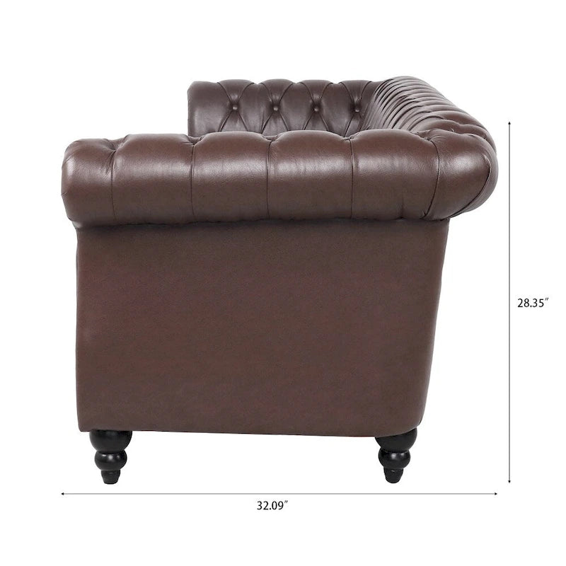 Canapé Chesterfield 3 places en similicuir noir/marron/blanc/orange avec accoudoirs roulés, capitonnage et clous décoratifs