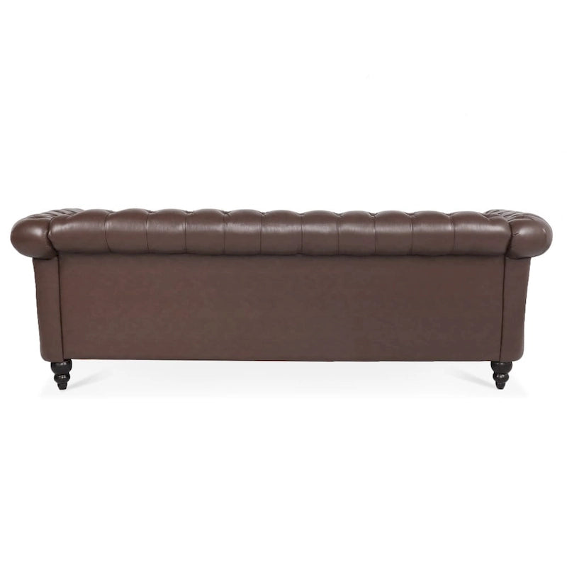 Canapé Chesterfield 3 places en similicuir noir/marron/blanc/orange avec accoudoirs roulés, capitonnage et clous décoratifs