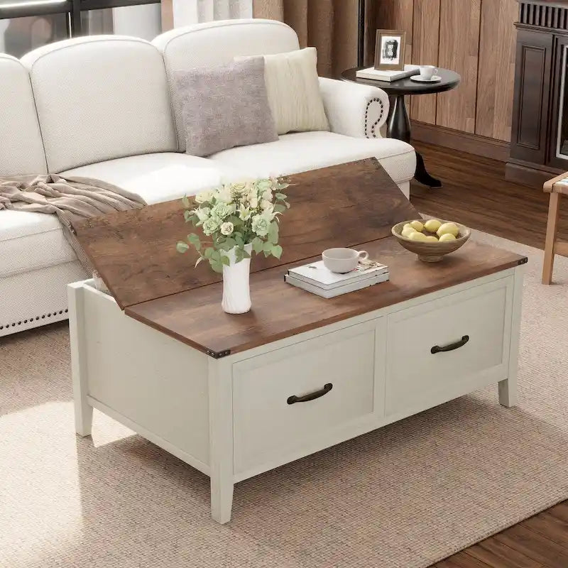 Table basse grain de bois marron/noir avec rangement dissimulé à plateau relevable et 2 tiroirs – Usage unique