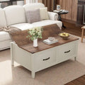 Table basse grain de bois marron/noir avec rangement dissimulé à plateau relevable et 2 tiroirs – Usage unique