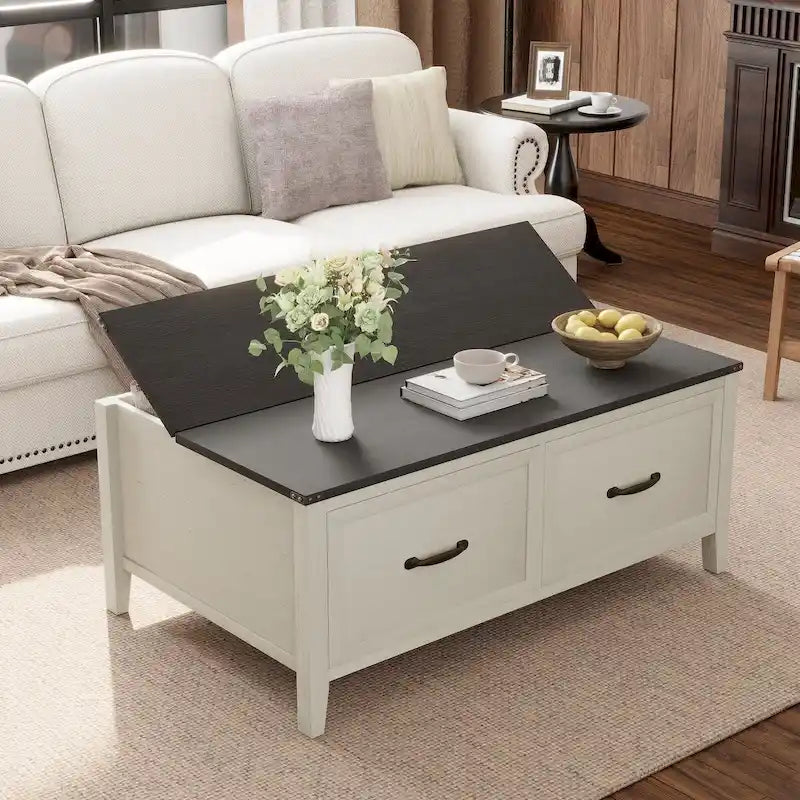 Table basse grain de bois marron/noir avec rangement dissimulé à plateau relevable et 2 tiroirs – Usage unique