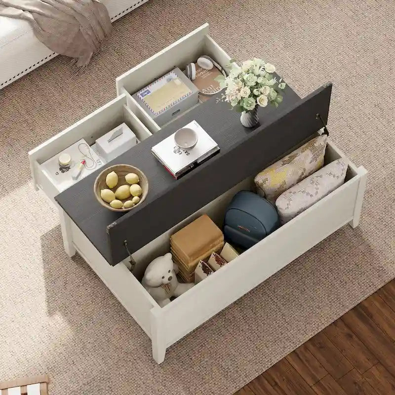 Table basse grain de bois marron/noir avec rangement dissimulé à plateau relevable et 2 tiroirs – Usage unique