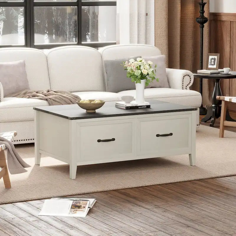 Table basse grain de bois marron/noir avec rangement dissimulé à plateau relevable et 2 tiroirs – Usage unique
