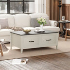 Table basse grain de bois marron/noir avec rangement dissimulé à plateau relevable et 2 tiroirs – Usage unique