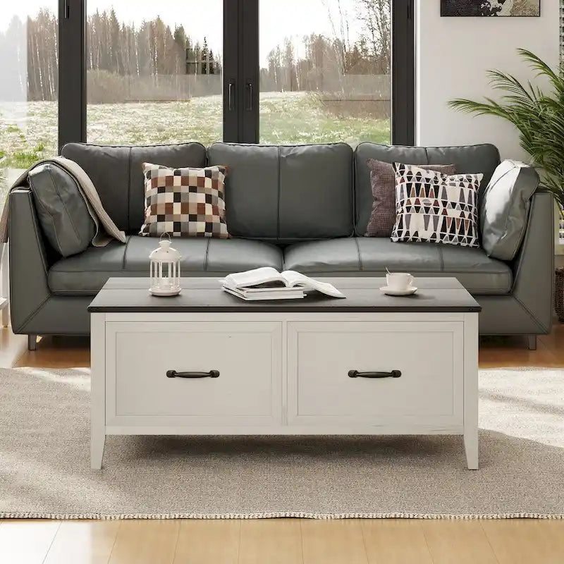 Table basse grain de bois marron/noir avec rangement dissimulé à plateau relevable et 2 tiroirs – Usage unique