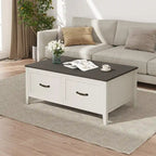 Table basse grain de bois marron/noir avec rangement dissimulé à plateau relevable et 2 tiroirs – Usage unique