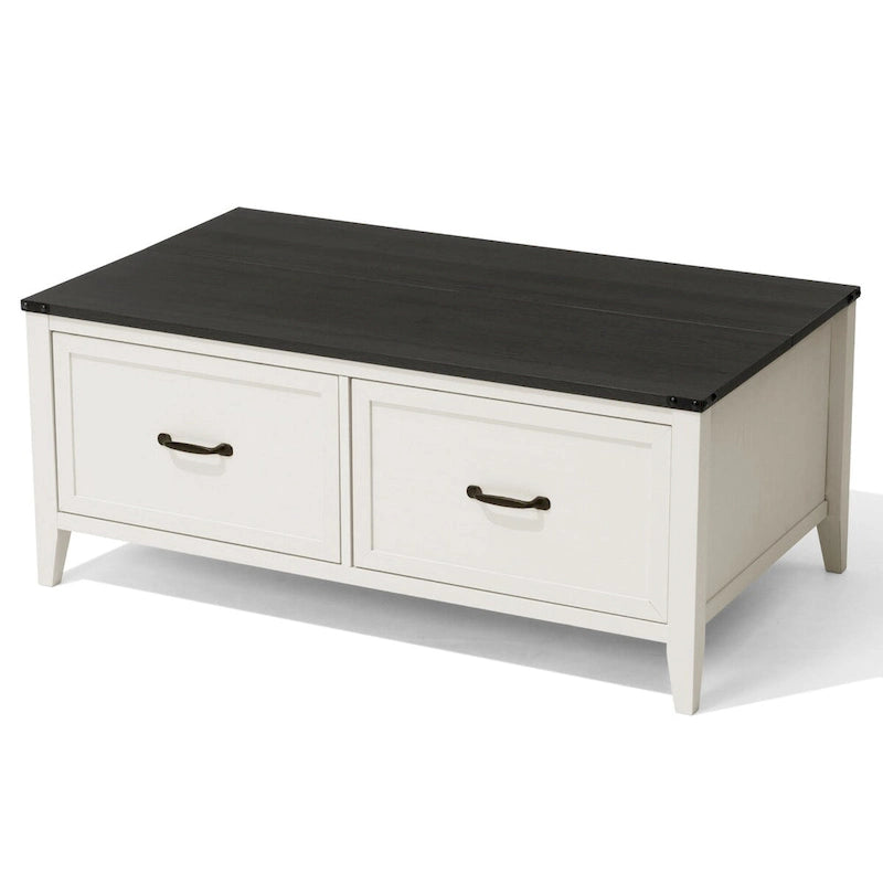 Table basse grain de bois marron/noir avec rangement dissimulé à plateau relevable et 2 tiroirs – Usage unique