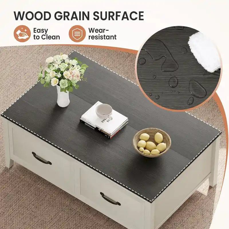 Table basse grain de bois marron/noir avec rangement dissimulé à plateau relevable et 2 tiroirs – Usage unique