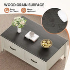 Table basse grain de bois marron/noir avec rangement dissimulé à plateau relevable et 2 tiroirs – Usage unique