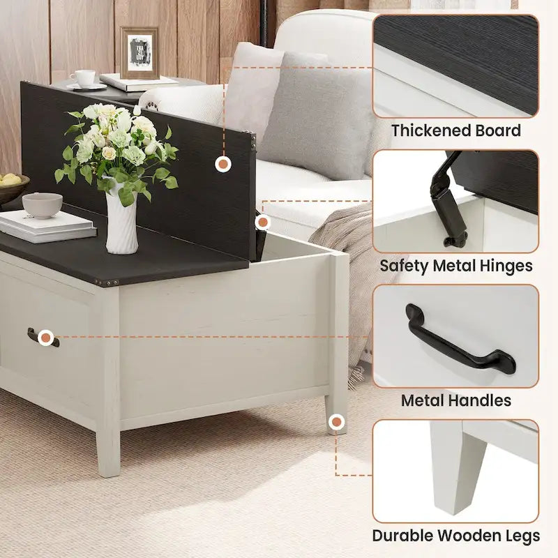 Table basse grain de bois marron/noir avec rangement dissimulé à plateau relevable et 2 tiroirs – Usage unique