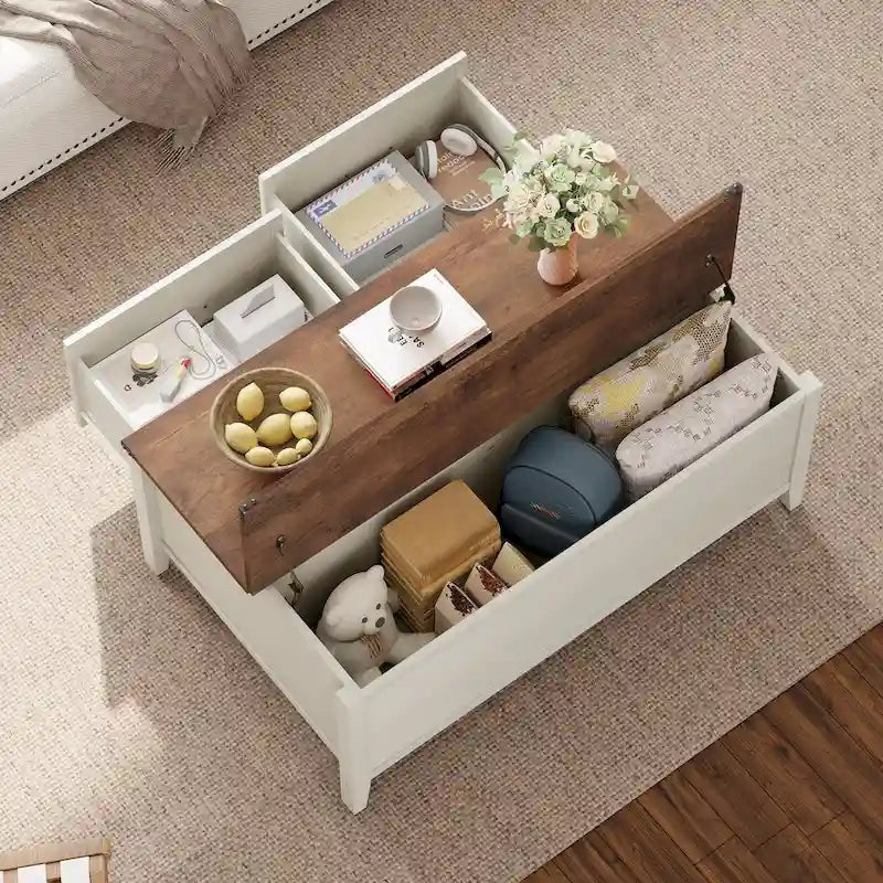 Table basse grain de bois marron/noir avec rangement dissimulé à plateau relevable et 2 tiroirs – Usage unique