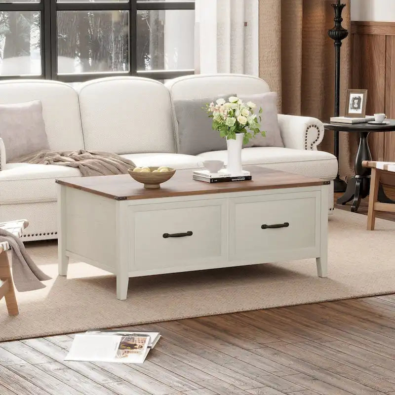 Table basse grain de bois marron/noir avec rangement dissimulé à plateau relevable et 2 tiroirs – Usage unique