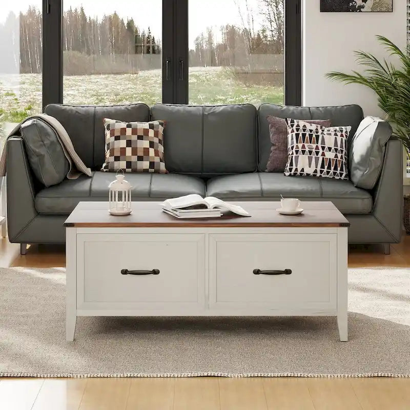 Table basse grain de bois marron/noir avec rangement dissimulé à plateau relevable et 2 tiroirs – Usage unique
