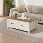 Table basse grain de bois marron/noir avec rangement dissimulé à plateau relevable et 2 tiroirs – Usage unique