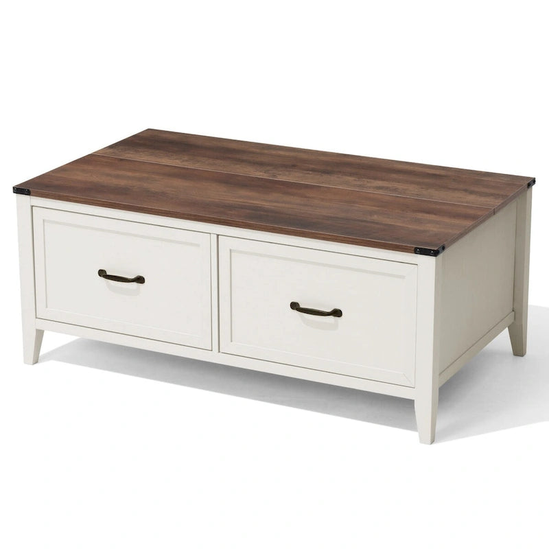 Table basse grain de bois marron/noir avec rangement dissimulé à plateau relevable et 2 tiroirs – Usage unique