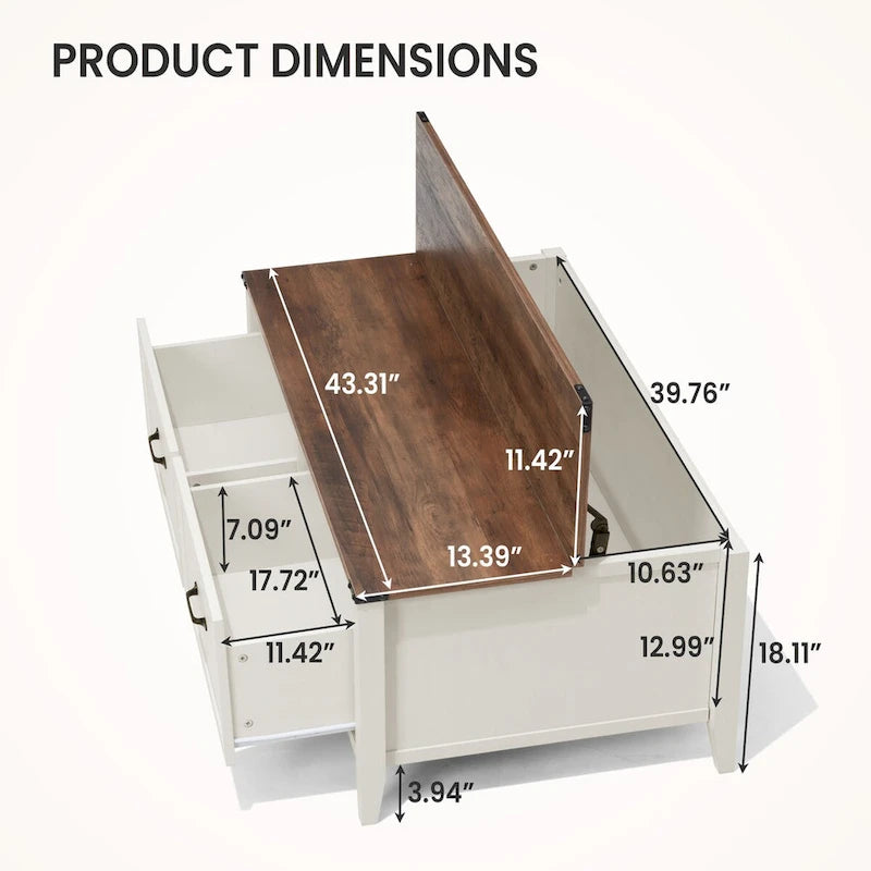 Table basse grain de bois marron/noir avec rangement dissimulé à plateau relevable et 2 tiroirs – Usage unique
