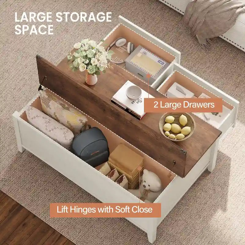 Table basse grain de bois marron/noir avec rangement dissimulé à plateau relevable et 2 tiroirs – Usage unique