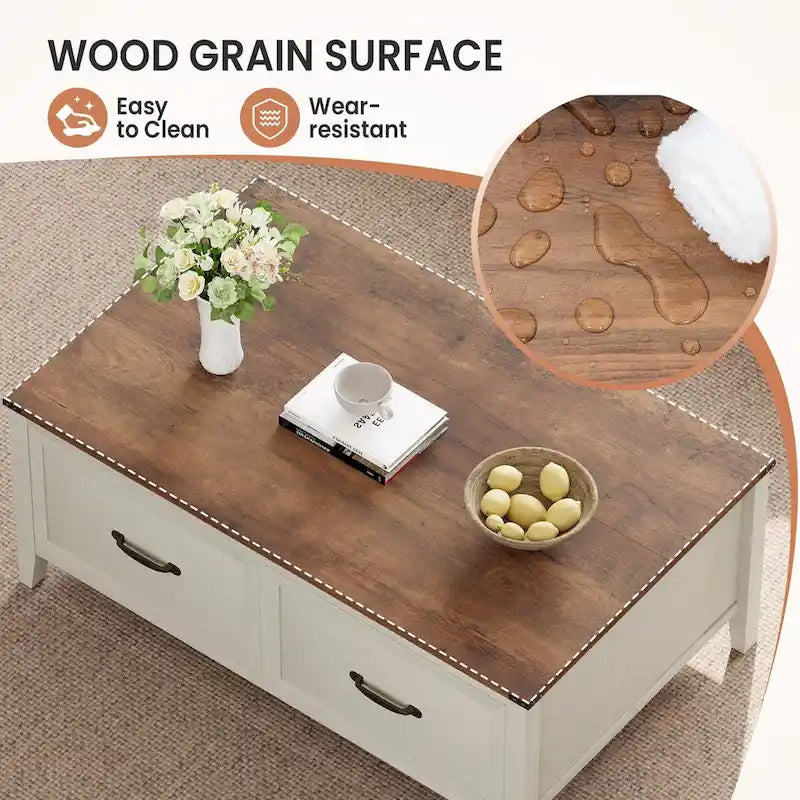 Table basse grain de bois marron/noir avec rangement dissimulé à plateau relevable et 2 tiroirs – Usage unique