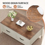 Table basse grain de bois marron/noir avec rangement dissimulé à plateau relevable et 2 tiroirs – Usage unique