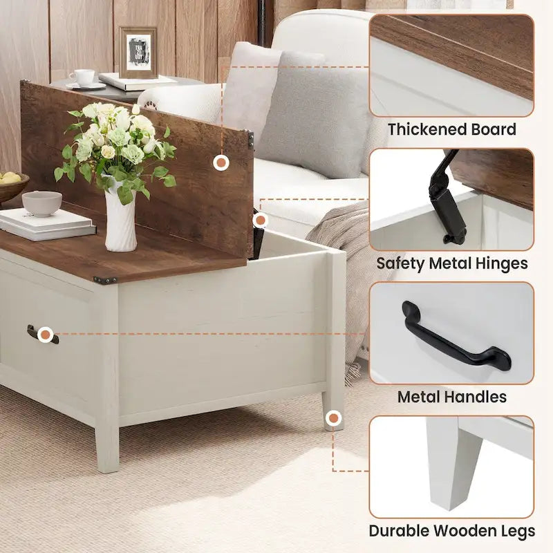 Table basse grain de bois marron/noir avec rangement dissimulé à plateau relevable et 2 tiroirs – Usage unique