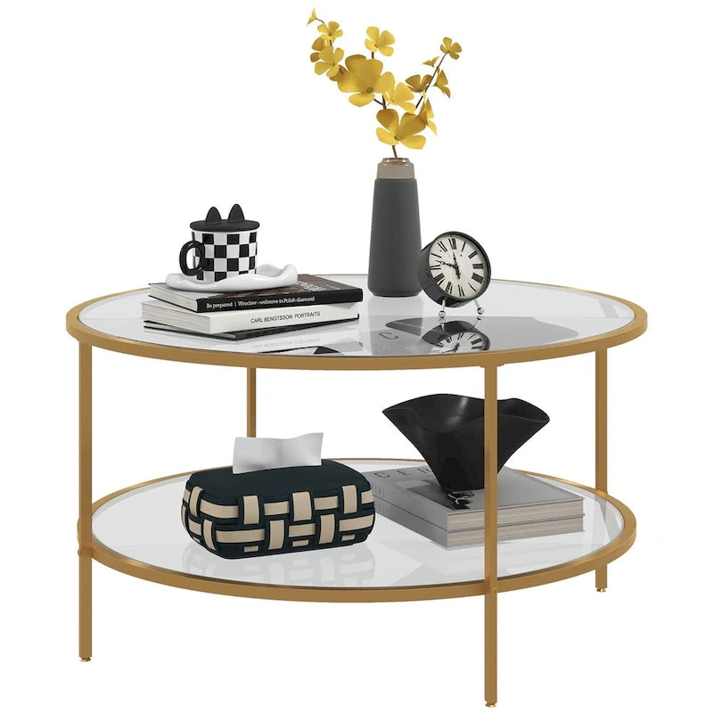 Table d'appoint ronde moderne dorée à 2 niveaux en verre trempé avec structure en acier