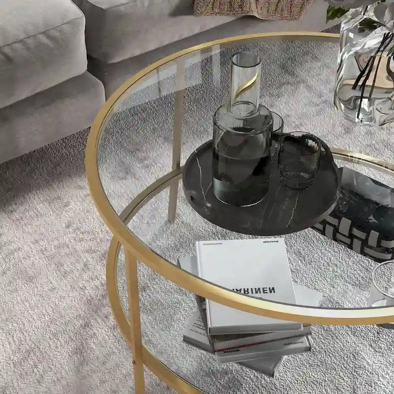 Table d'appoint ronde moderne dorée à 2 niveaux en verre trempé avec structure en acier