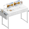 Bureau informatique compact blanc avec 3 tiroirs en tissu ouverts et des supports en acier - Usage unique