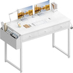 Bureau informatique compact blanc avec 3 tiroirs en tissu ouverts et des supports en acier - Usage unique