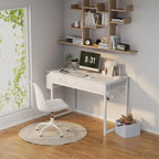 Bureau informatique compact blanc avec 3 tiroirs en tissu ouverts et des supports en acier - Usage unique