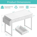Bureau informatique compact blanc avec 3 tiroirs en tissu ouverts et des supports en acier - Usage unique