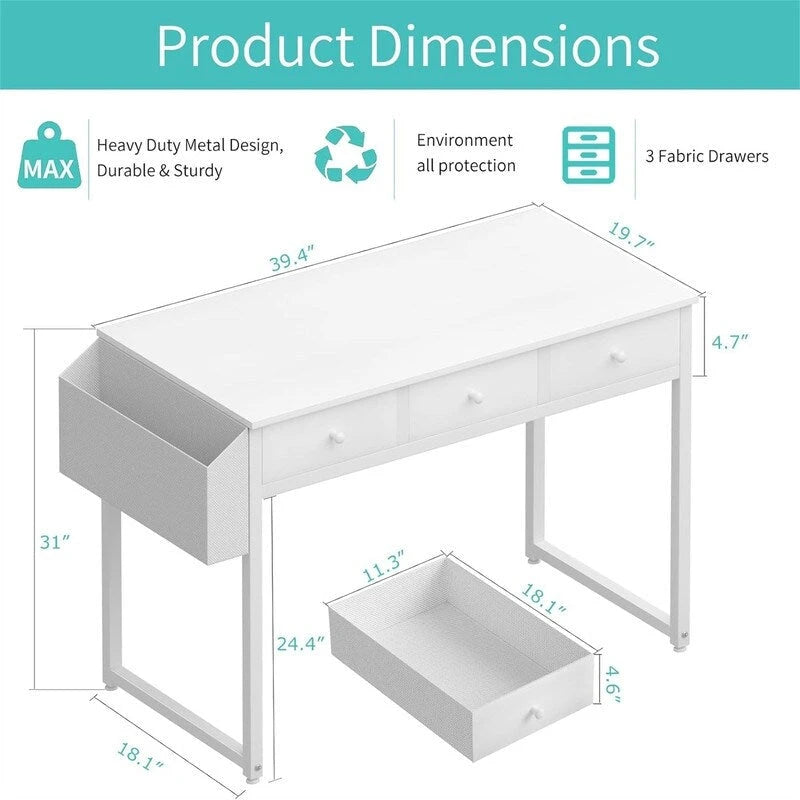 Bureau informatique compact blanc avec 3 tiroirs en tissu ouverts et des supports en acier - Usage unique